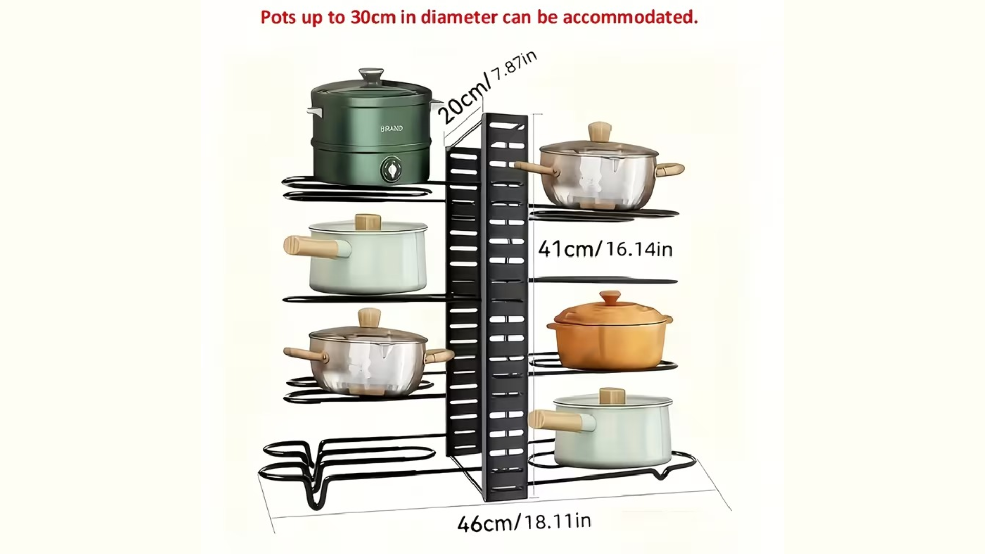 Kitchen pot rack with pots of different sizes on a white background
