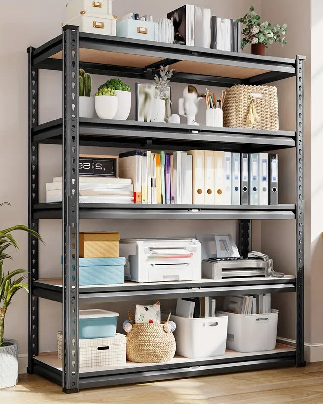 Black metal bookshelf with various items in a home office setting