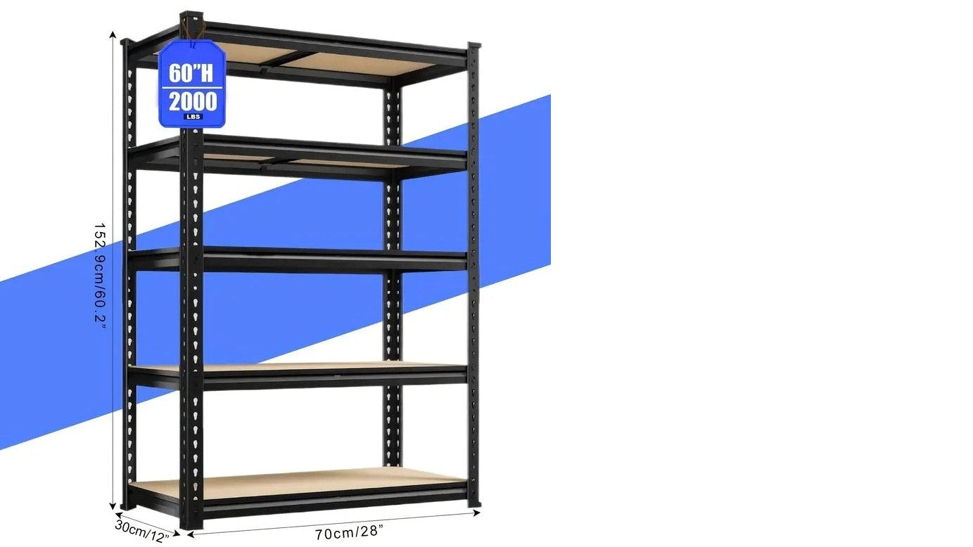 Black metal shelving unit with dimensions on a white background storage shelves usa