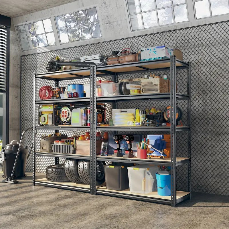 Storage rack with various items in a garage setting