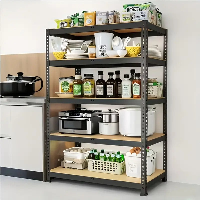 Kitchen shelving unit with various items including bottles, a microwave, and kitchenware. storage shelves usa
