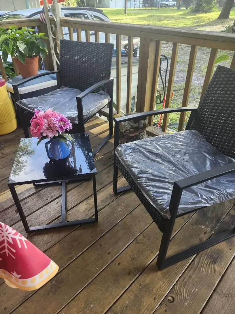 3-Piece Wicker Patio Set: Waterproof chairs, glass table & thick cushions. Perfect for garden & deck| 50% OFF