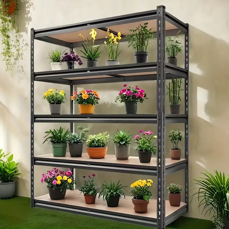Metal shelving unit with potted plants against a neutral wall. storage shelves usa