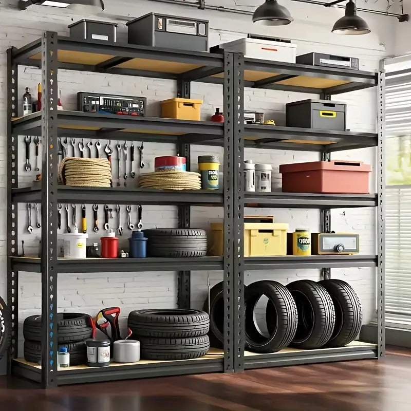 Storage shelves with tools, boxes, and tires in a garage setting, storage shelves usa