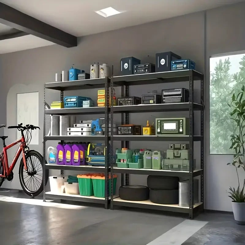 Storage shelves with various items in a room with a bicycle and window. storage shelves usa