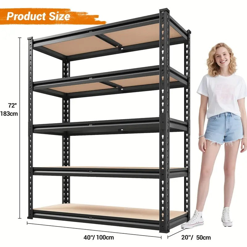 Heavy Duty 5-Tier Shelf: 2500 lbs capacity, adjustable garage/pantry storage. Black steel, easy assembly. 72”H x 40”W x 20”D| 50% OFF