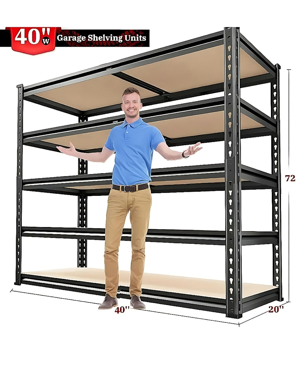 Heavy Duty 5-Tier Shelf: 2500 lbs capacity, adjustable garage/pantry storage. Black steel, easy assembly. 72”H x 40”W x 20”D| 50% OFF