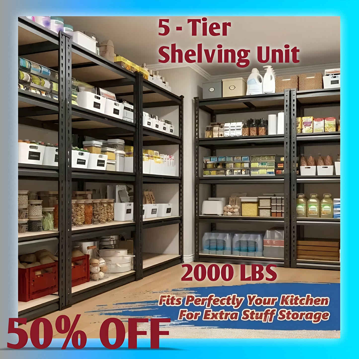 Heavy-Duty 5-Tier Metal Shelving Unit - 2000 Lbs Capacity, Adjustable Freestanding Garage Storage Rack | Easy Assembly, Powder-Coated Frame (60" H x 28" W x 12" D)|Basement, Pantry, Utility