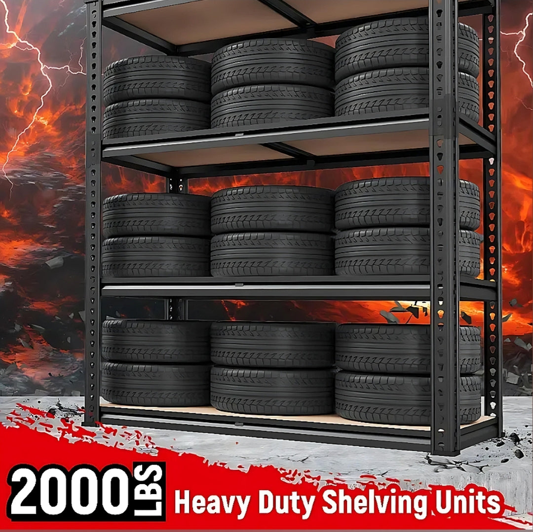 Heavy-duty shelving unit with tires against a fiery background