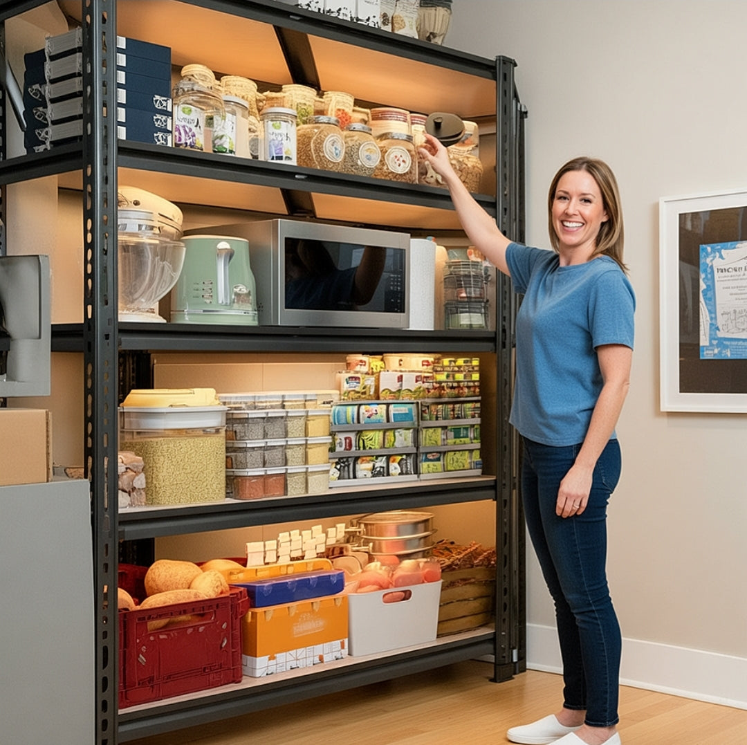 Woman standing next to a large storage rack filled with various items in a room.