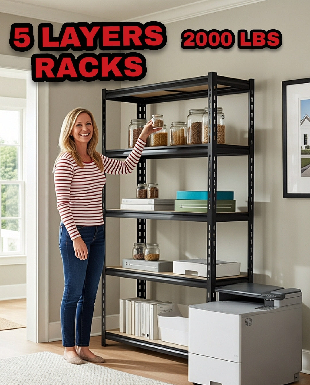 Heavy Duty 5-Tier Shelving Unit – 2000 lbs Capacity, Adjustable Garage & Pantry Rack, 72” H × 35.5” W × 15.8”D, Black Steel – 50% Off
