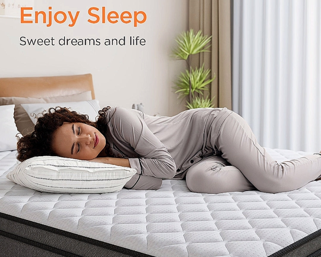 Woman lying on a mattress with 'Enjoy Sleep' text above Storage Shelves USA.