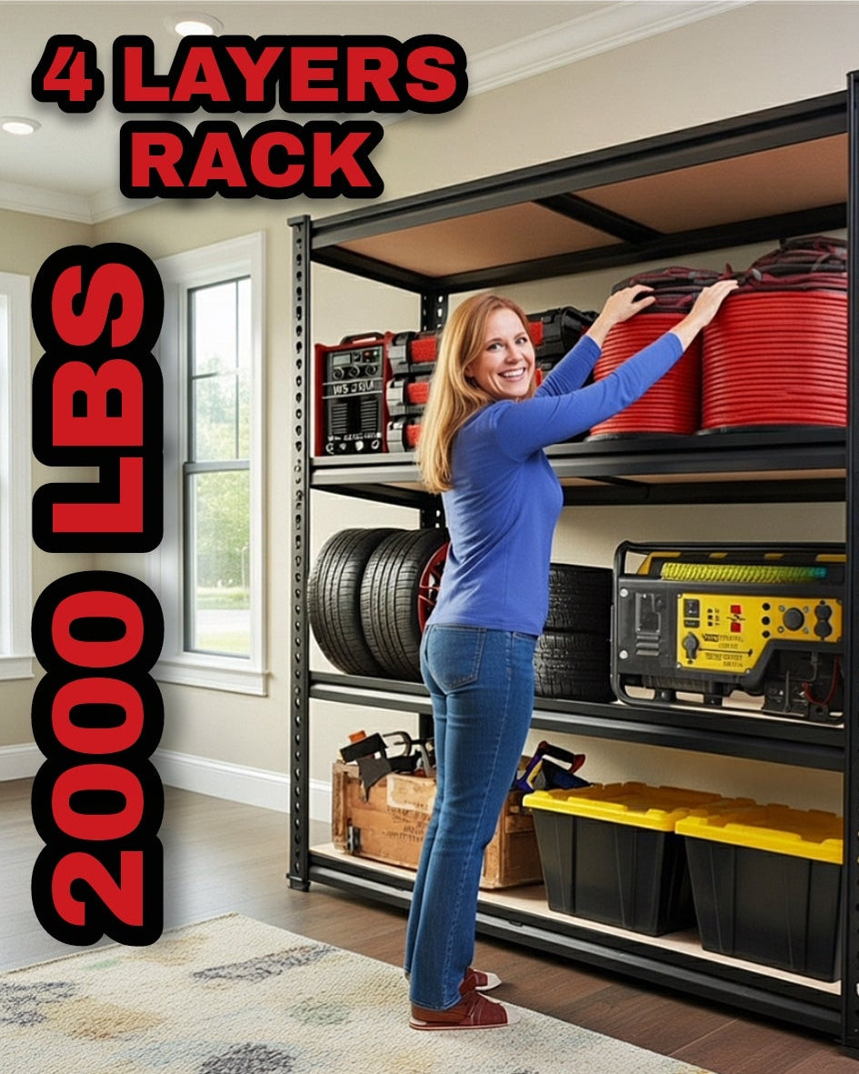 Person using a storage rack with 4 layers, capacity of 2000 lbs, in a room setting.