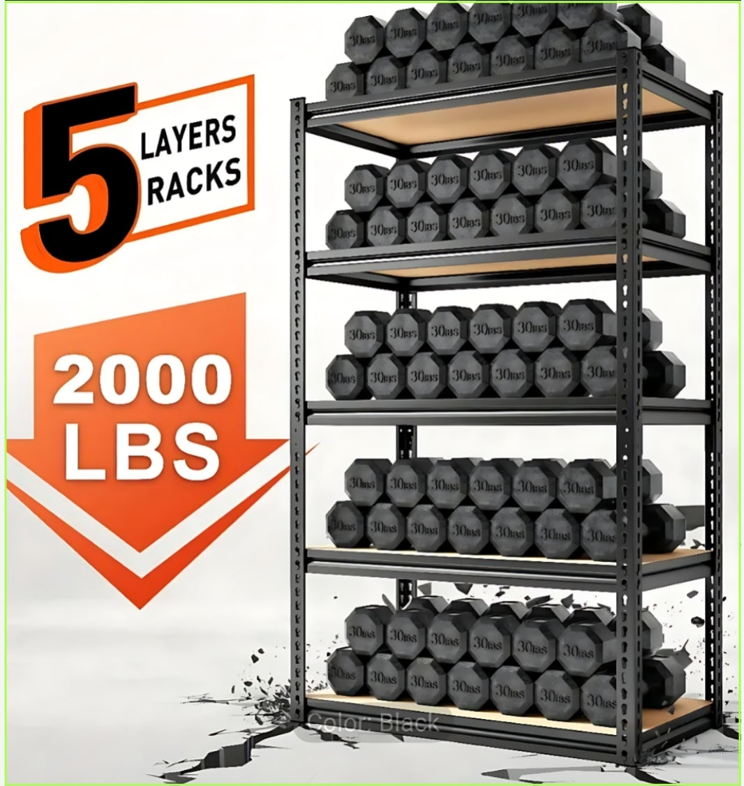 Storage rack with five layers holding weights, labeled '5 Layers Racks' and '2000 LBS'.