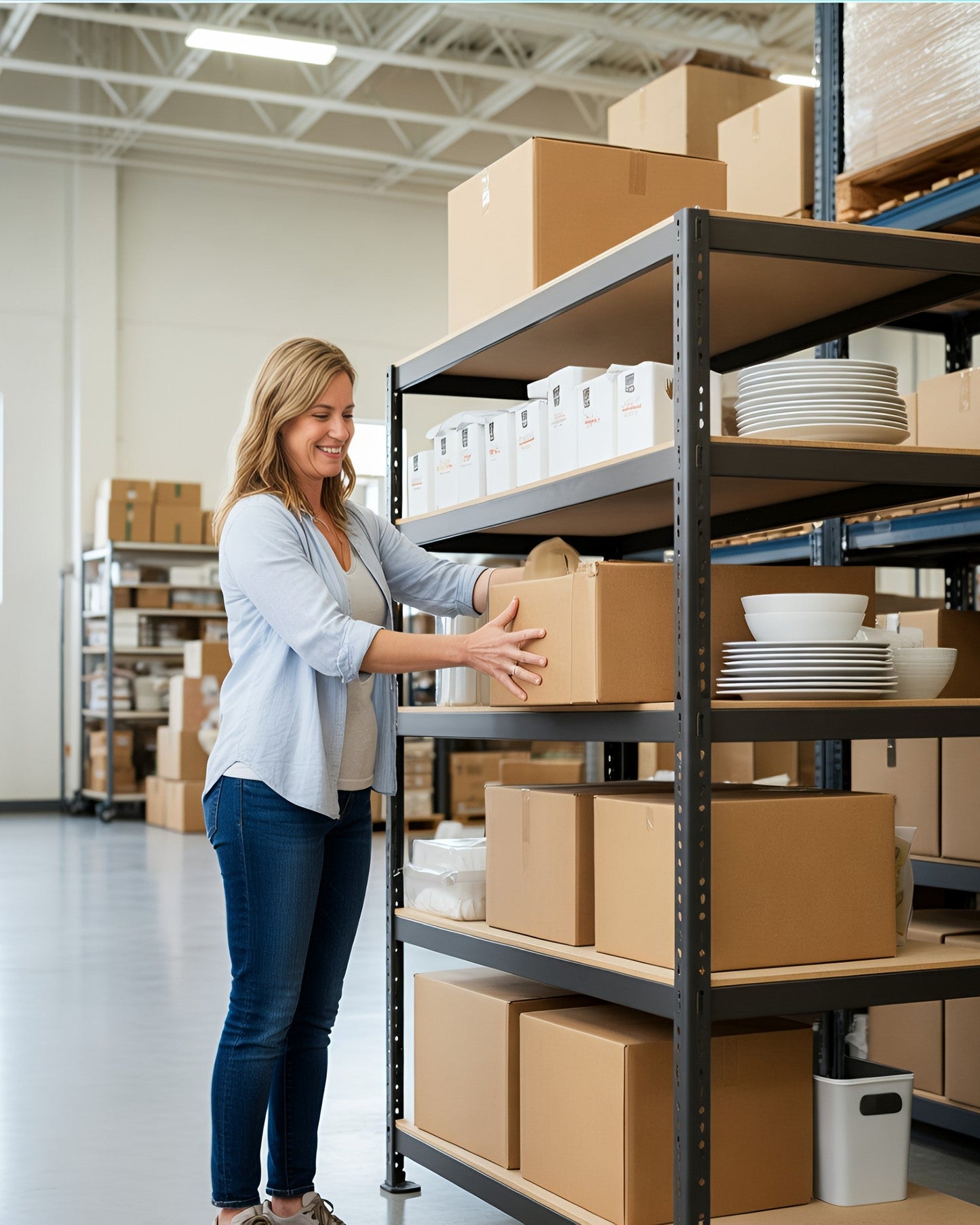 Woman organizing boxes on a warehouse shelf storage shelves usa.