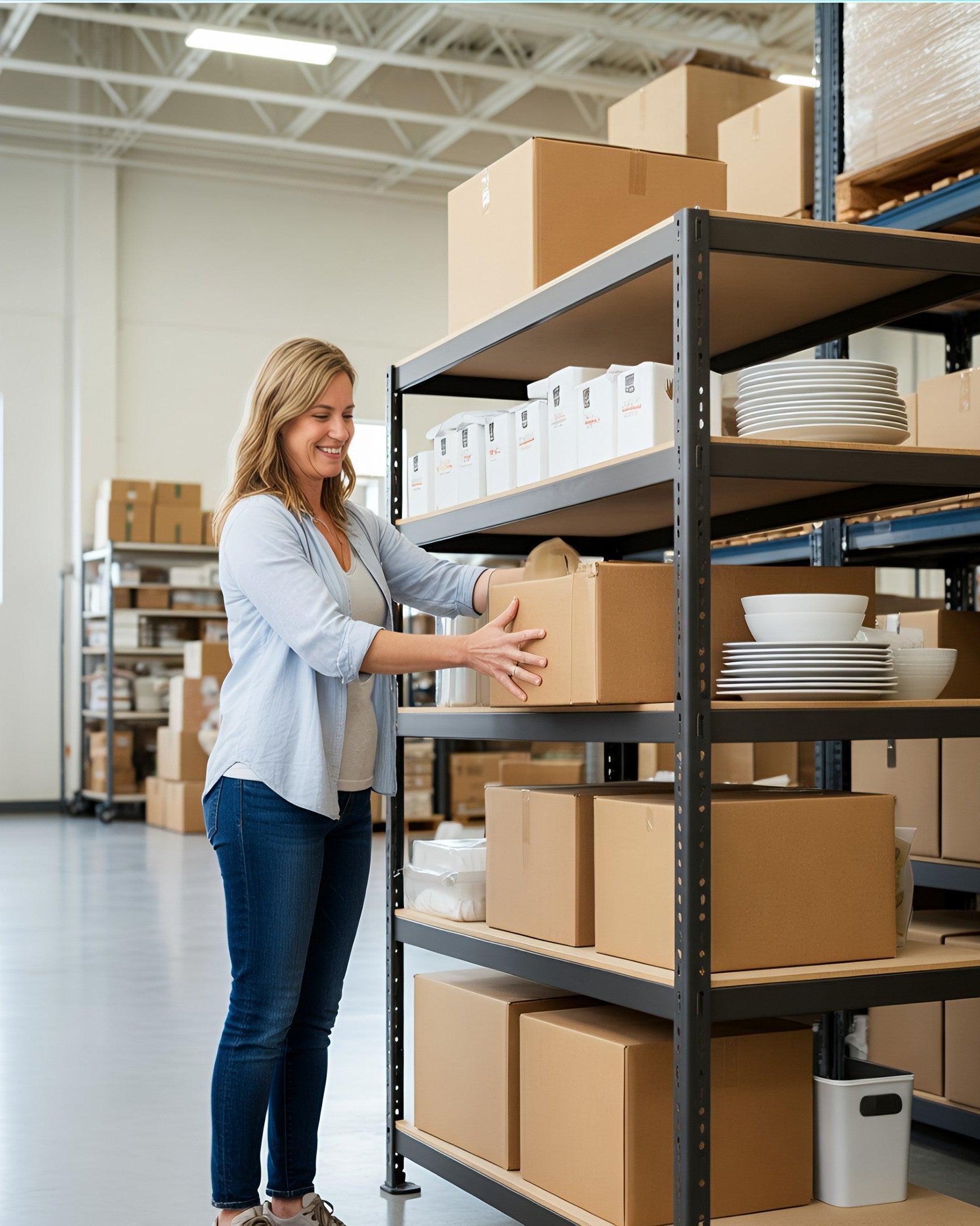 Woman organizing boxes on a warehouse shelf storage shelves usa.