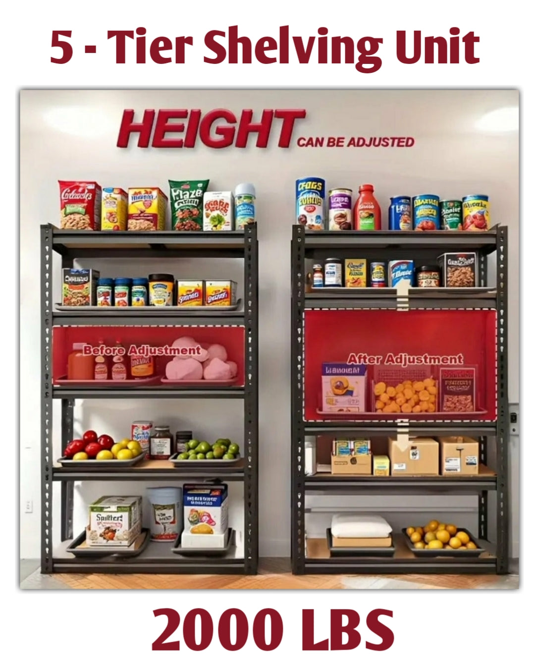 5-tier shelving unit with adjustable height and capacity, filled with various products. storage shelves usa