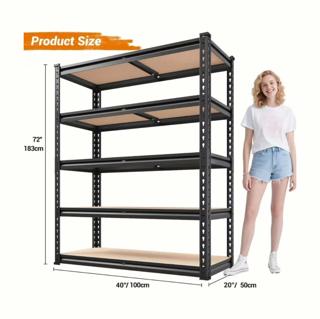 Heavy Duty 5-Tier Shelf: 2500 lbs capacity, adjustable garage/pantry storage. Black steel, easy assembly. 72”H x 40”W x 20”D| 50% OFF