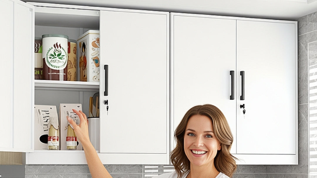 Woman in a modern kitchen opening a cabinet door