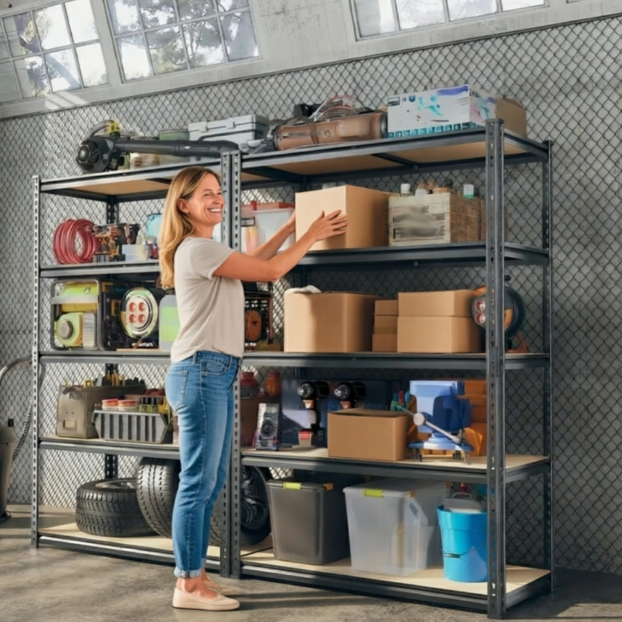 Woman organizing shelves in a warehouse setting, storage shelves usa