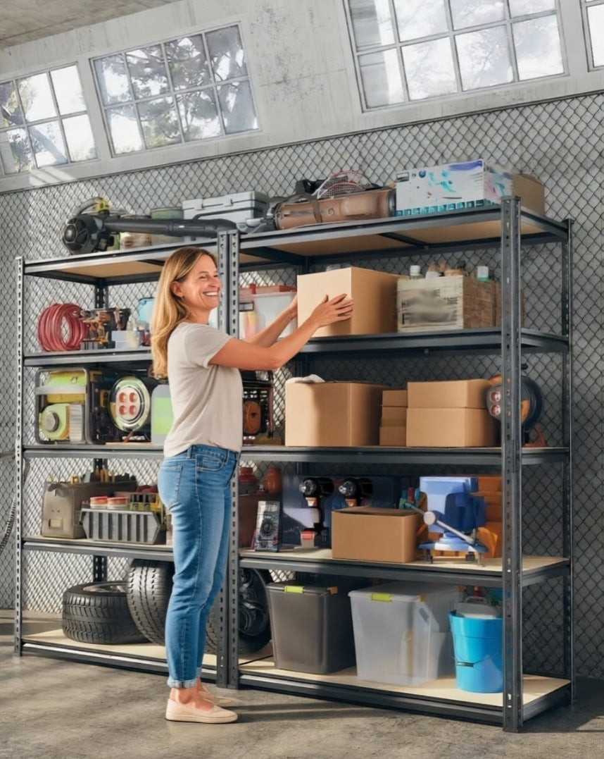 Person organizing items on a metal shelving unit in a storage room, storage shelves usa