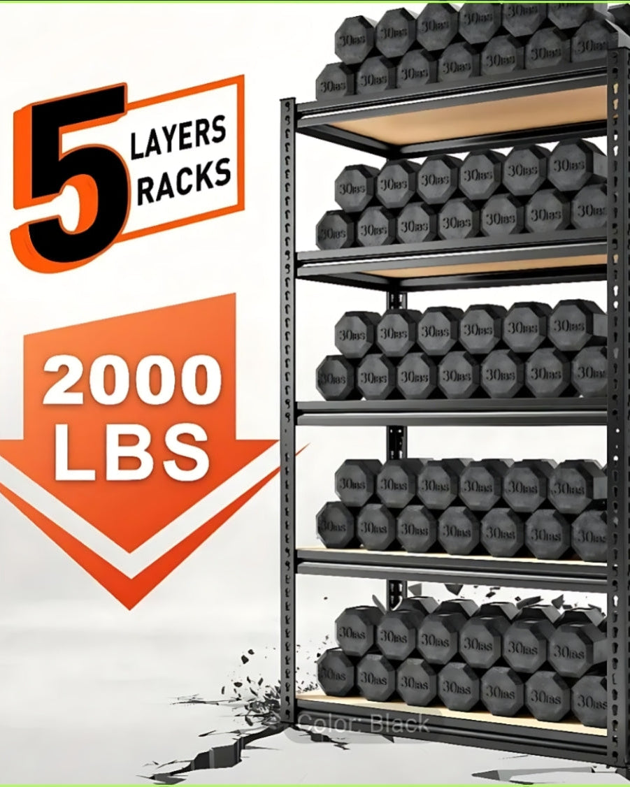 Storage rack with five layers holding weights, labeled '5 Layers Racks' and '2000 LBS'.