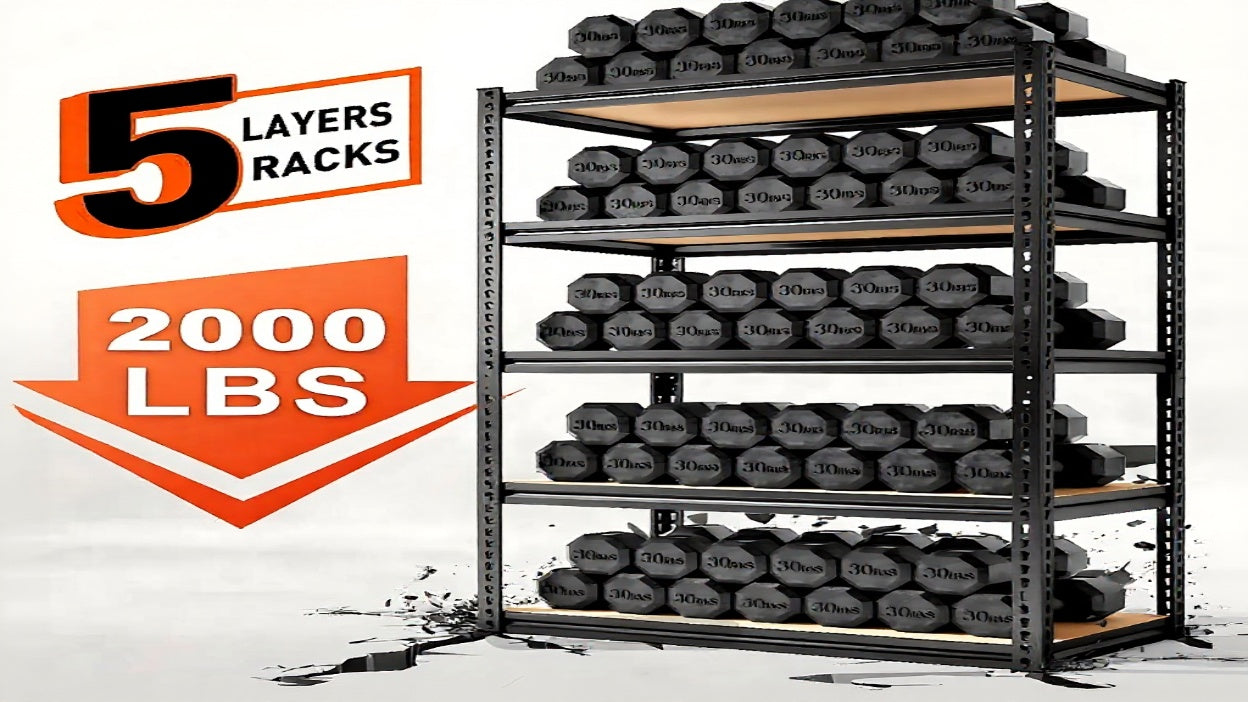 Storage rack with weights and text indicating weight capacity and层数