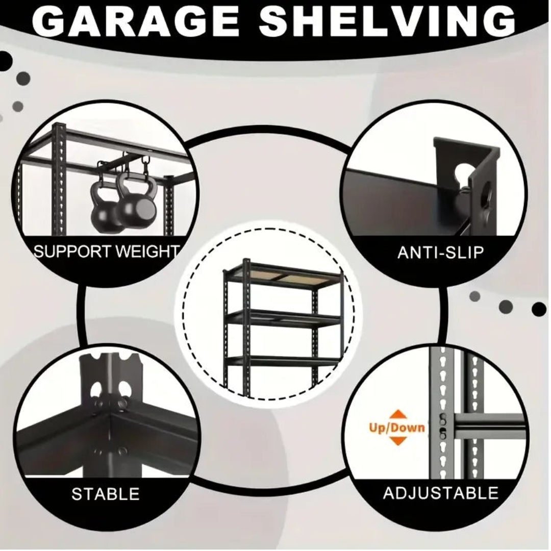 Garage shelving system with features highlighted on a gray background