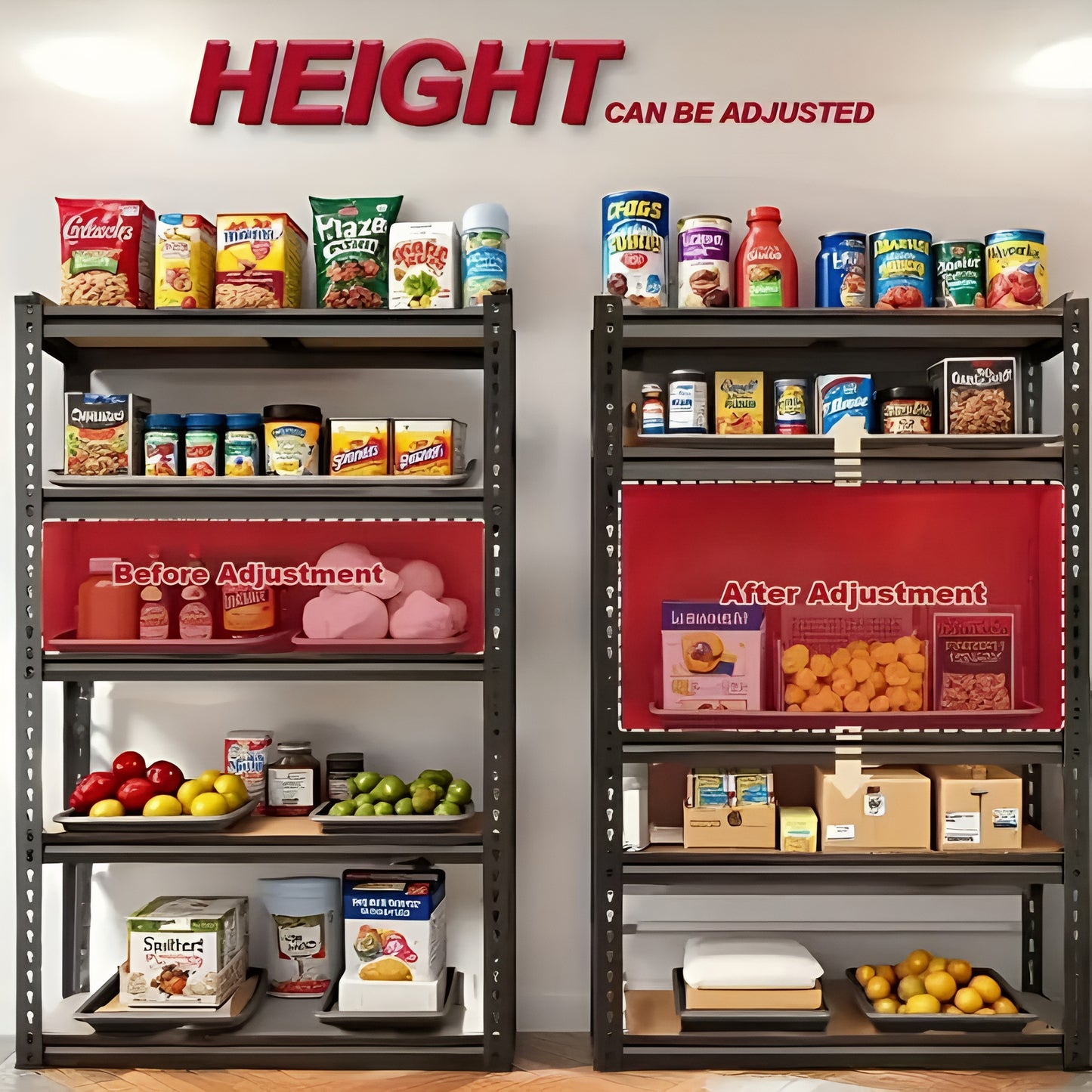 Before and after adjustment of a storage rack with food items on shelves. storage shelves usa