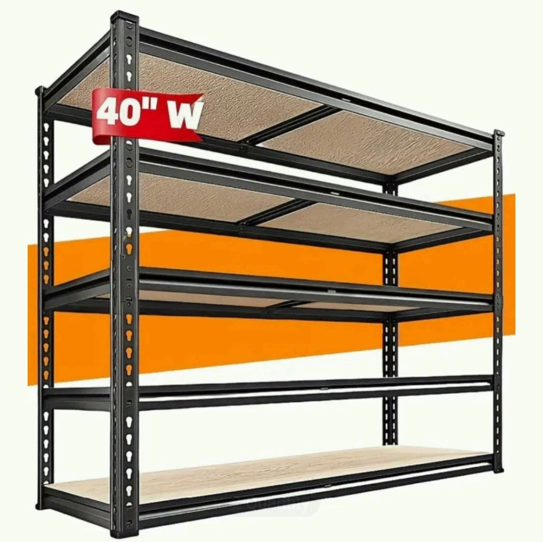 Heavy Duty 5-Tier Shelf: 2500 lbs capacity, adjustable garage/pantry storage. Black steel, easy assembly. 72”H x 40”W x 20”D| 50% OFF