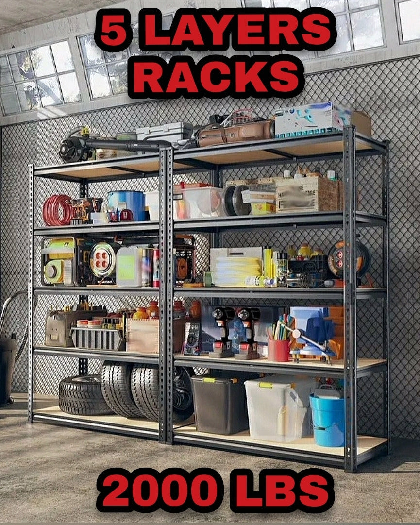 Storage rack with five layers filled with various items in a warehouse setting, with text indicating '5 Layers Racks' and '2000 LBS'.