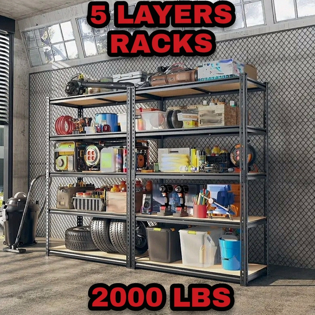 Storage rack with five layers filled with various items in a warehouse setting, with text indicating '5 Layers Racks' and '2000 LBS'.