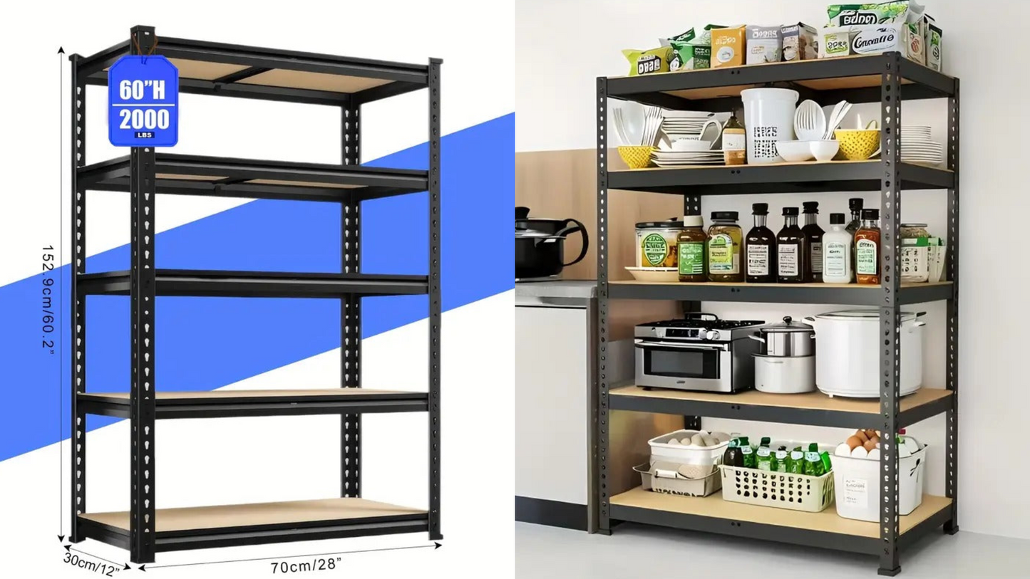 Big Sale! Heavy-Duty 5-Tier Metal Shelving Unit - 2000 Lbs Capacity, Adjustable Freestanding Garage Storage Rack | Easy Assembly, Powder-Coated Frame (60" H x 28" W x 12" D)