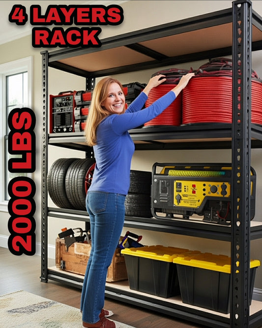 Woman interacting with a storage rack holding various items in a garage setting Storage Shelve USA