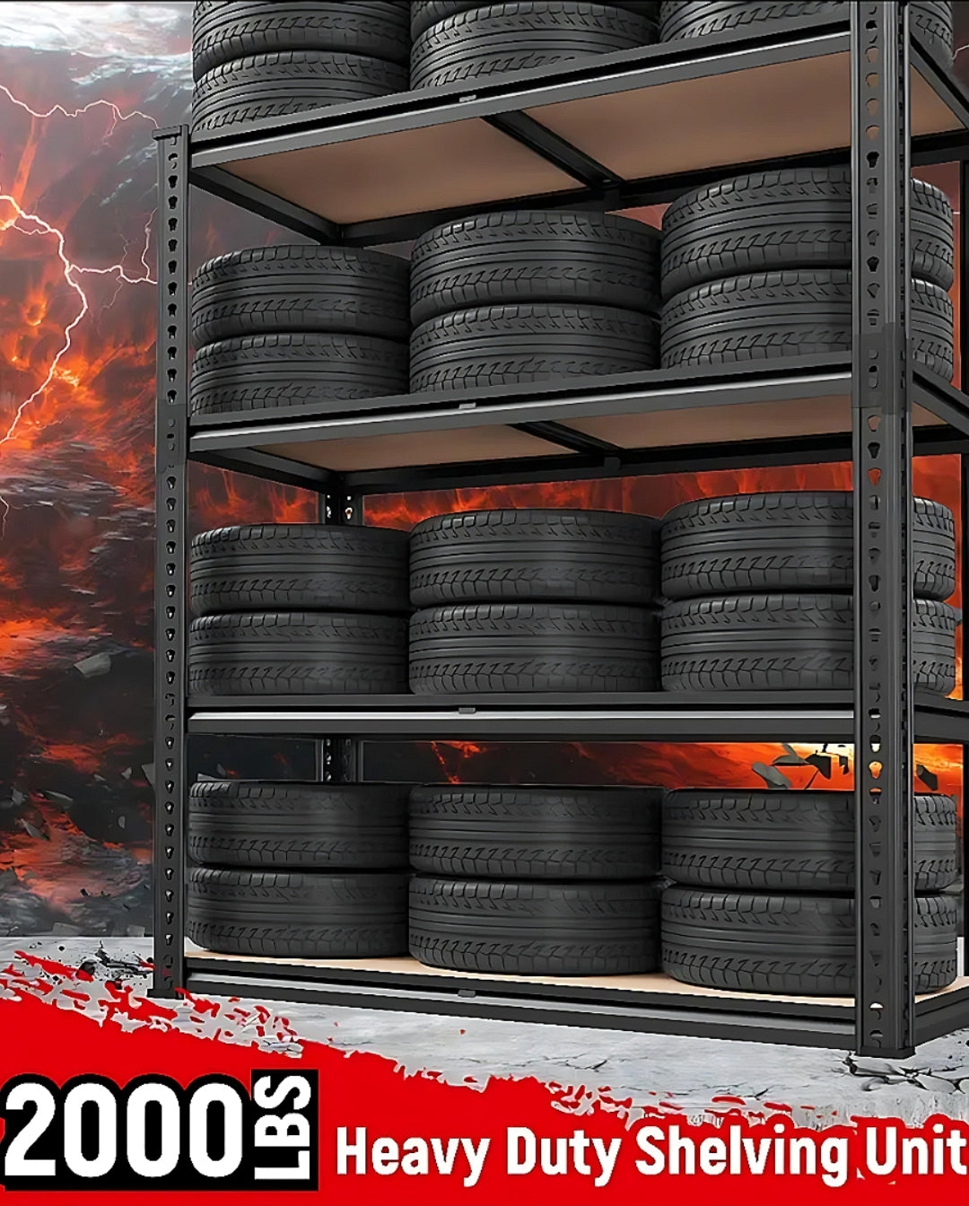 Heavy-duty shelving unit with tires on a dramatic background