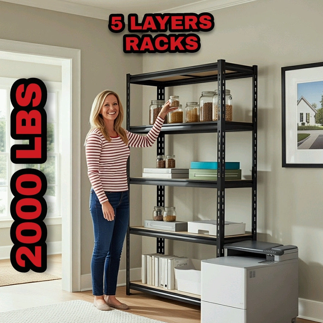 Woman standing next to a metal shelving unit with '5 Layers Racks' and '2000 LBS' text in a room, storage shelves USA