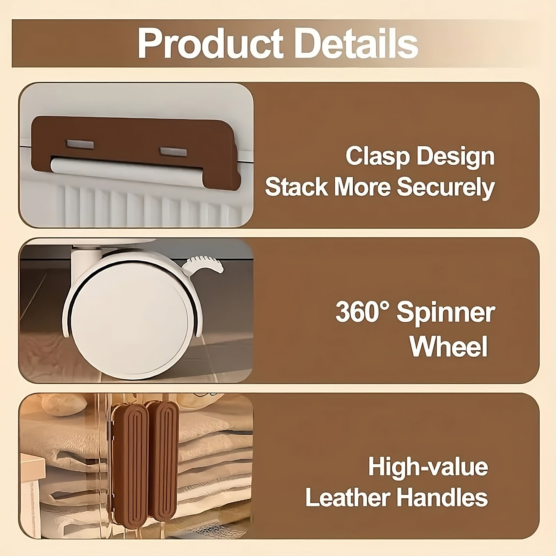 Product details of a suitcase with clasp design, spinner wheel, and leather handles on a beige background.